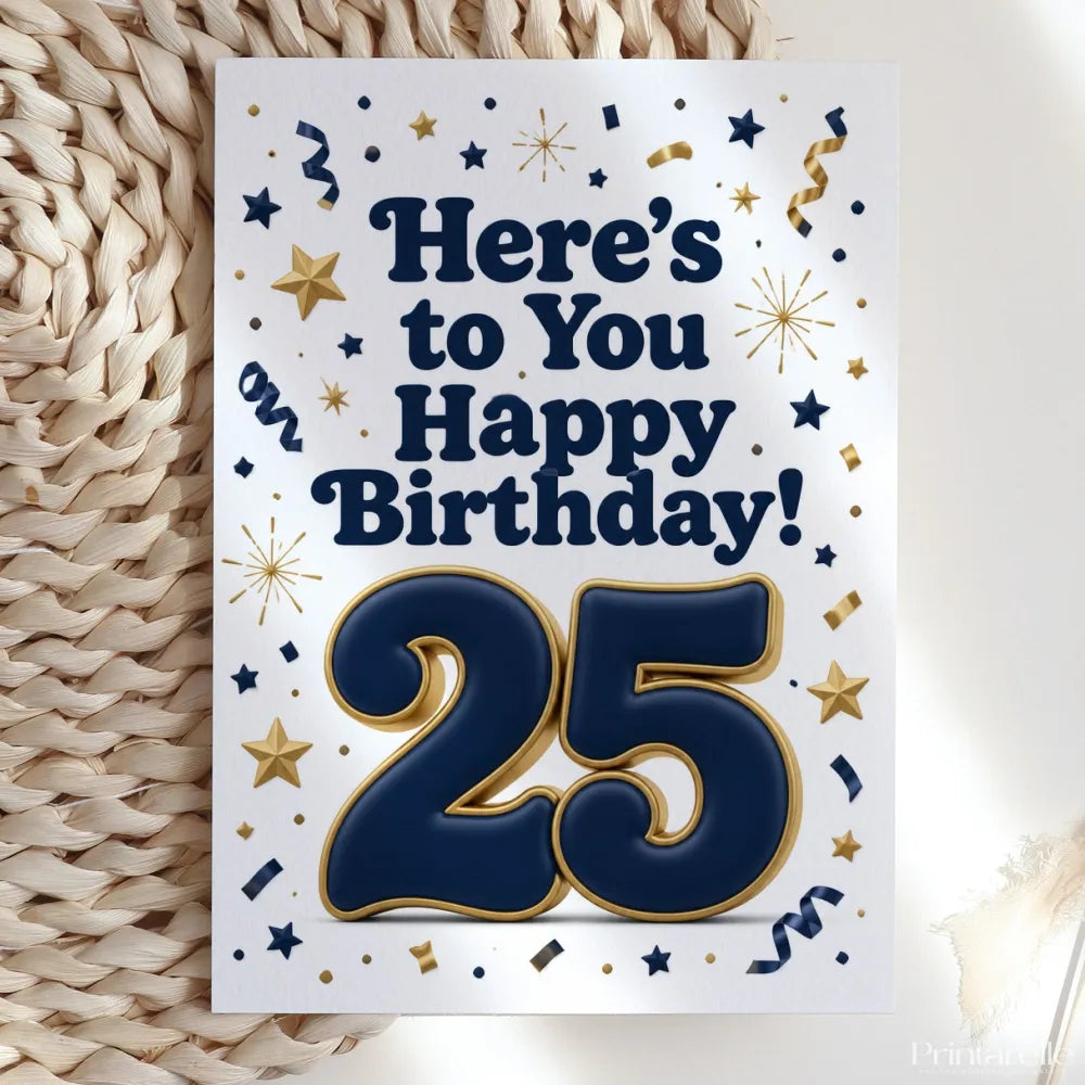Here’s to You Happy Birthday 25th Navy Gold Card - 25th birthday card, gold design, happy birthday, blank inside, kraft