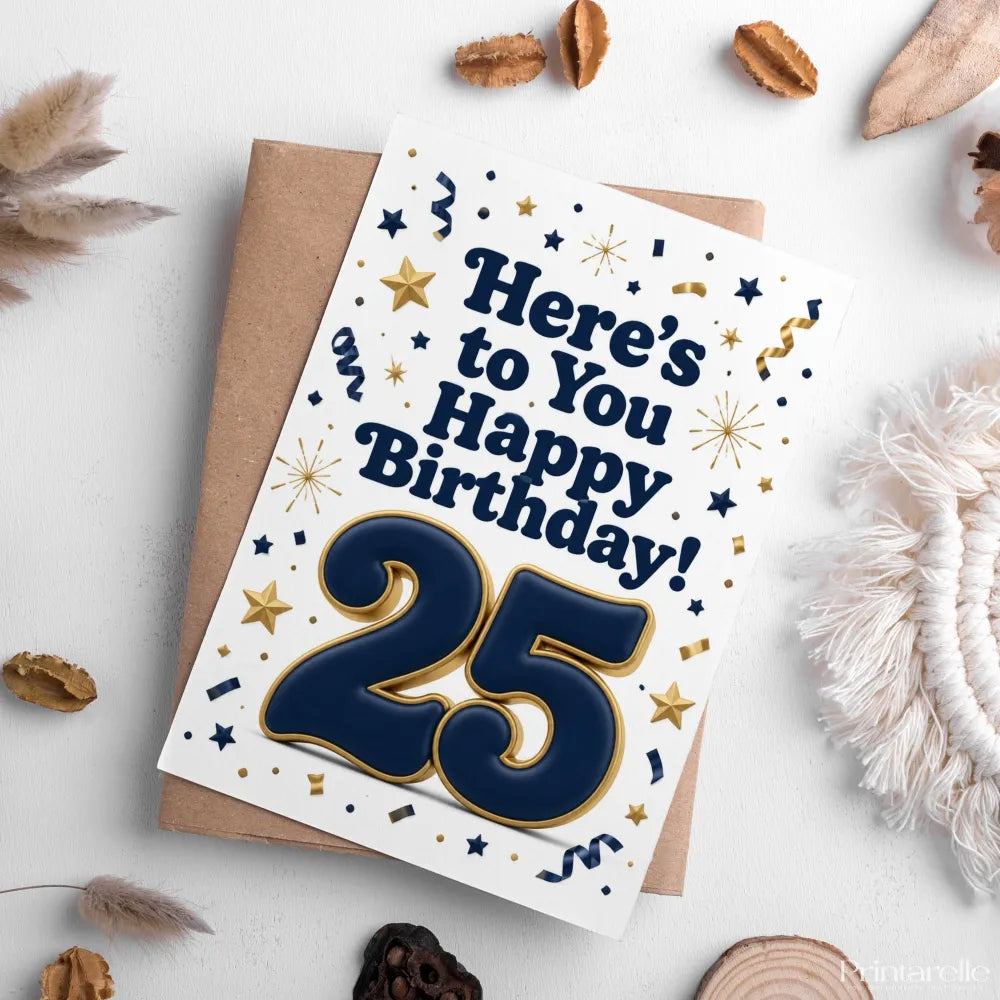 Here’s to You Happy Birthday 25th Navy Gold Card - 25th birthday card, gold design, happy birthday, blank inside, kraft