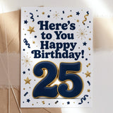 Here’s to You Happy Birthday 25th Navy Gold Card - 25th birthday card, gold design, happy birthday, blank inside, kraft