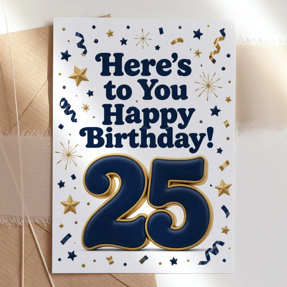 Here’s to You Happy Birthday 25th Navy Gold Card - 25th birthday card, gold design, happy birthday, blank inside, kraft