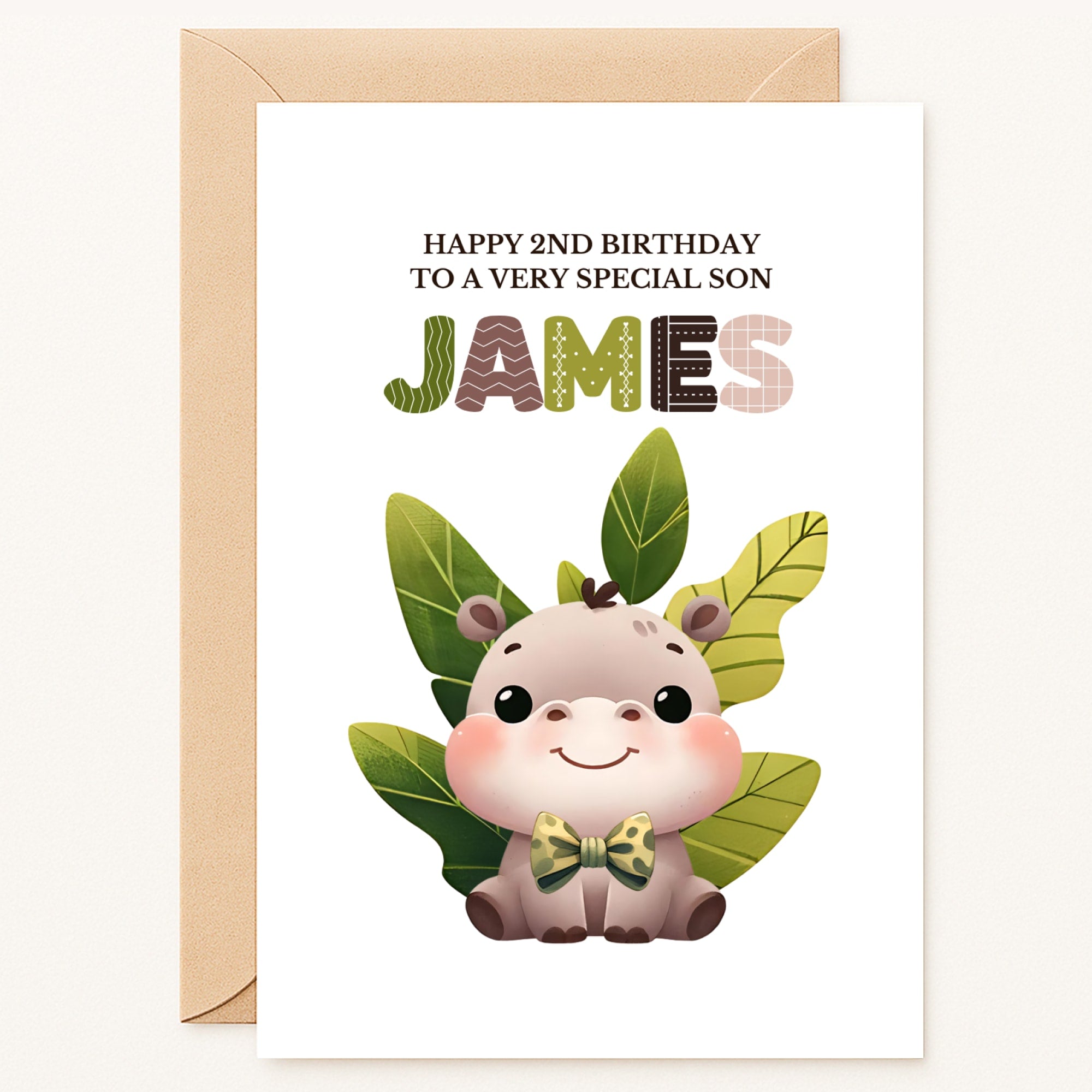 personalised jungle hippo 2nd birthday card for son with name and leaves