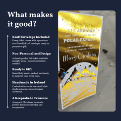 Gold and black Christmas ticket with scenic design, text on a dark blue background