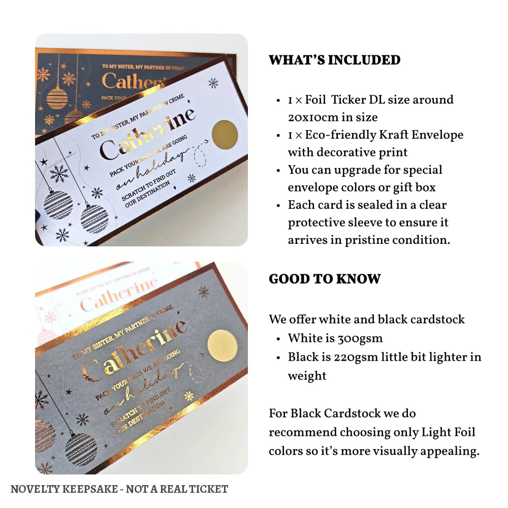 Holiday Surprise Foil Ticket | Personalised Scratch Reveal - personalised holiday foil, foil scratch-off, kraft