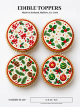Four festive holly and baubles cupcake toppers with red green gold and white edible icing sheet designs on paper base