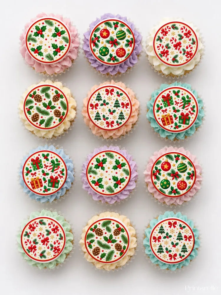 Holly and baubles cupcake toppers with festive christmas patterns printed on edible icing sheets for decorating cupcakes