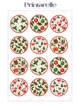 Christmas holly and baubles cupcake toppers with red green and gold designs on edible icing sheet for festive treats