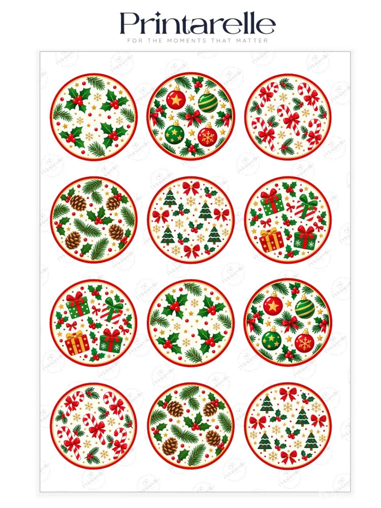 Christmas holly and baubles cupcake toppers with red green and gold designs on edible icing sheet for festive treats