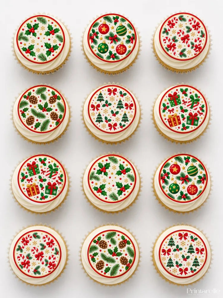 Christmas cupcakes with white frosting and edible icing sheet holly and baubles cupcake toppers in festive colors