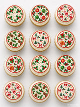 Christmas cupcakes with white frosting and edible icing sheet holly and baubles cupcake toppers in festive colors