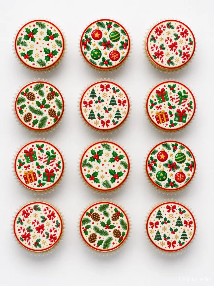 Holly and baubles cupcake toppers with festive red green and gold Christmas patterns on edible icing sheet