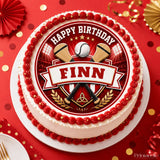 Red and white edible cake with a sports-themed hurling birthday cake topper icing sheet featuring sticks baseball and finn