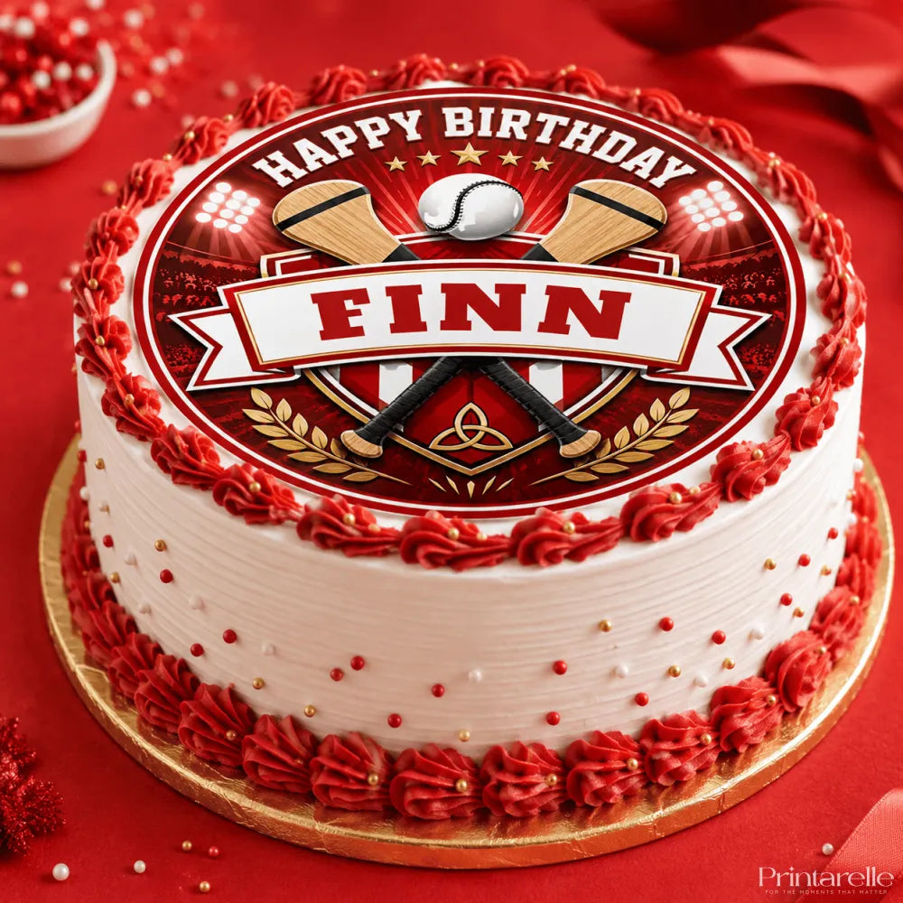 Red and white hurling birthday edible cake topper with wooden sticks, baseball, laurel wreaths, and finn name icing sheet
