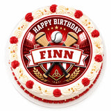 Red and white edible cake topper with wooden sticks baseball gold laurel wreaths and finn banner for hurling birthday