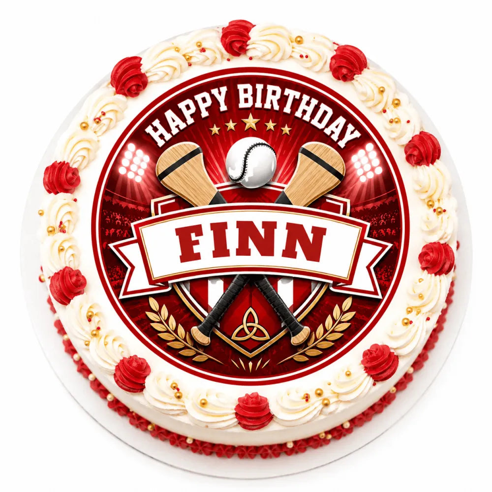 Red and white edible cake topper with wooden sticks baseball gold laurel wreaths and finn banner for hurling birthday