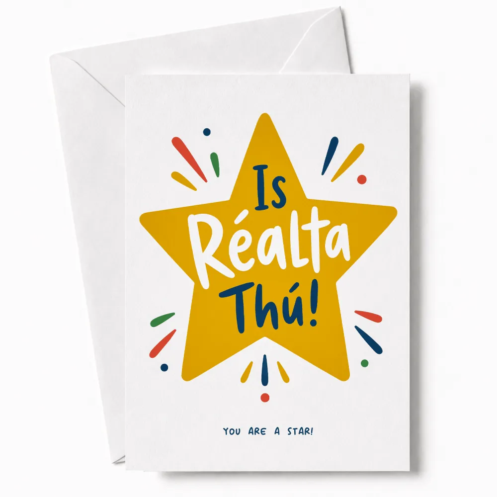 A vibrant yellow star greeting card with réalta thú lettering colorful confetti accents blank inside with white envelope
