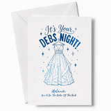 White debs night card with blue foil gown illustration and text melanie you’ll be the belle of the ball