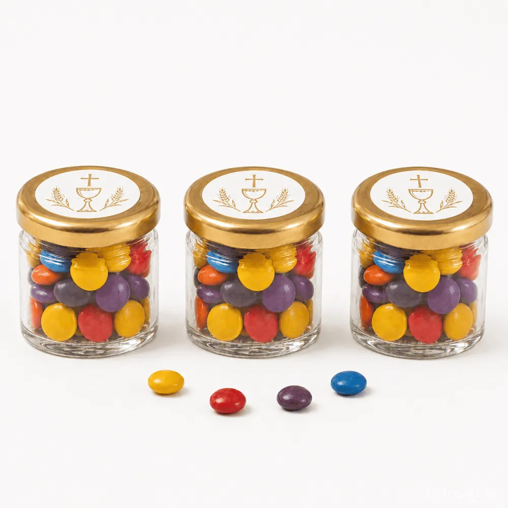 Three clear glass jars with gold twist lids filled with colorful candies and a pale gold chalice label party favours