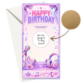 A pink and purple k-pop birthday scratch card with glittery stage lights and a gold scratch sticker for scratch reveal