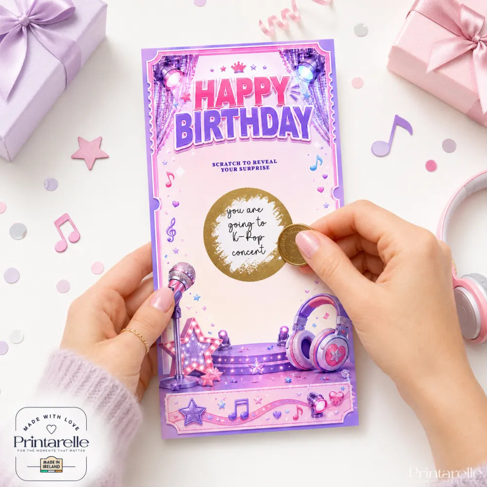Purple and pink k-pop birthday scratch card with gold scratch sticker and glittery musical notes for scratch reveal fun