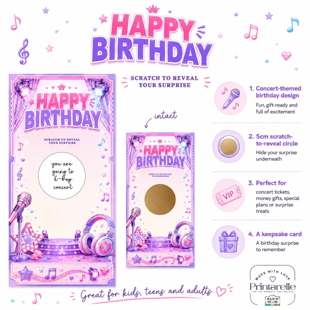 Pink and purple k-pop birthday scratch card with gold scratch sticker and circular scratch reveal area for gifting