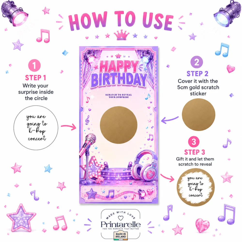 Pink and purple k-pop birthday scratch card with gold scratch sticker featuring microphones headphones and stars