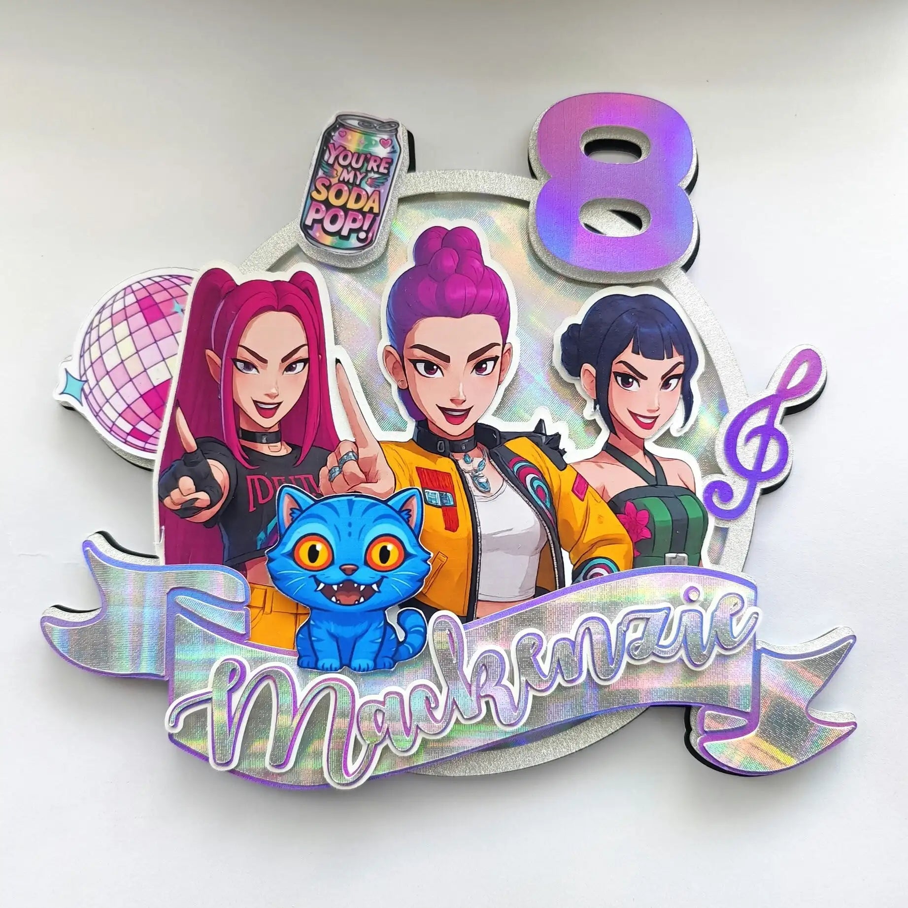 Decorative birthday sign with cartoon characters and the number 8 on a white background