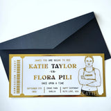 Invitation card with a stylized illustration of a boxer and text on a white background