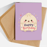 Kawaii Dumpling Birthday Card | Bao Bun With Sign - birthday card, bao bun, lilac birthday card, kawaii bao bun, happy