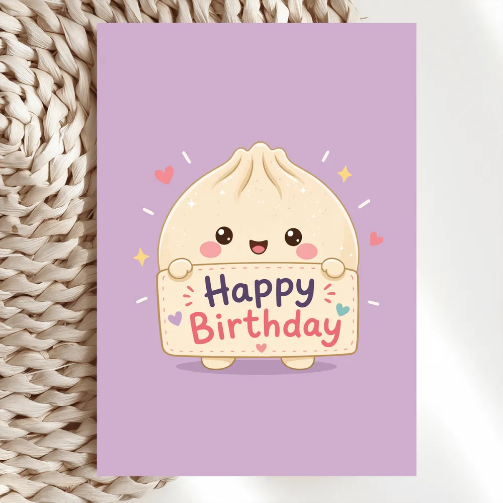 Kawaii Dumpling Birthday Card | Bao Bun With Sign - birthday card, bao bun, lilac birthday card, kawaii bao bun, happy