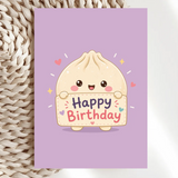 Kawaii Dumpling Birthday Card | Bao Bun With Sign - birthday card, bao bun, lilac birthday card, kawaii bao bun, happy