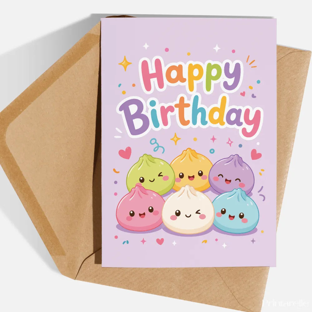 Kawaii Dumpling Birthday Card | Rainbow Bao Squad - birthday card, bold rainbow happy, rainbow happy birthday, dumpling