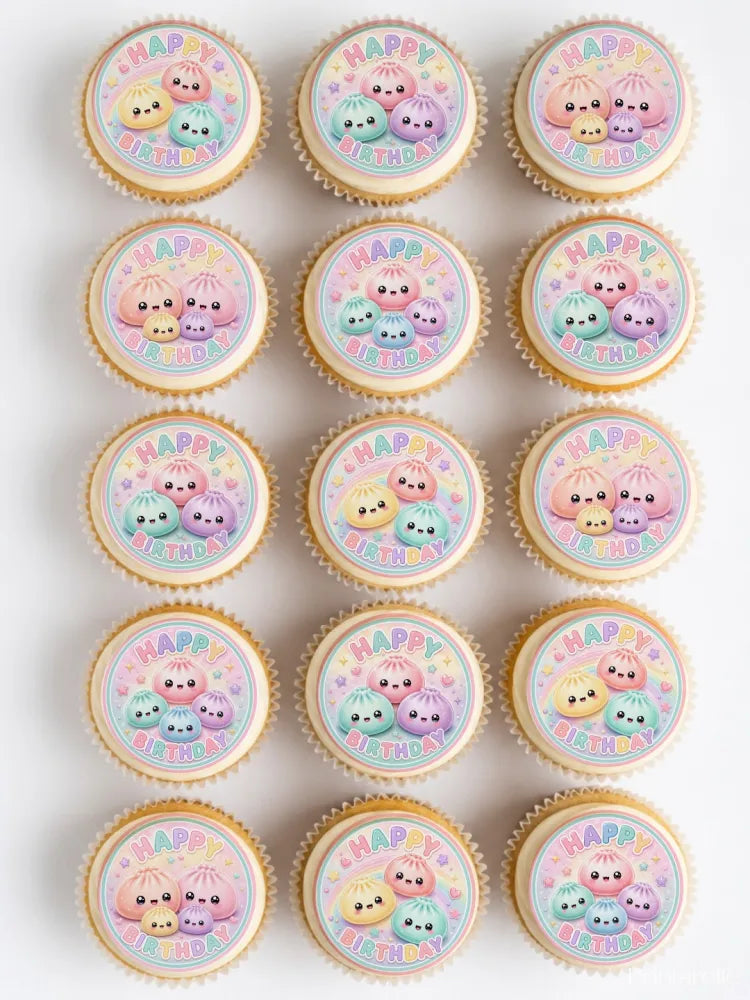 Pastel-colored birthday cupcakes with kawaii dumpling edible cupcake toppers and happy birthday text decorations