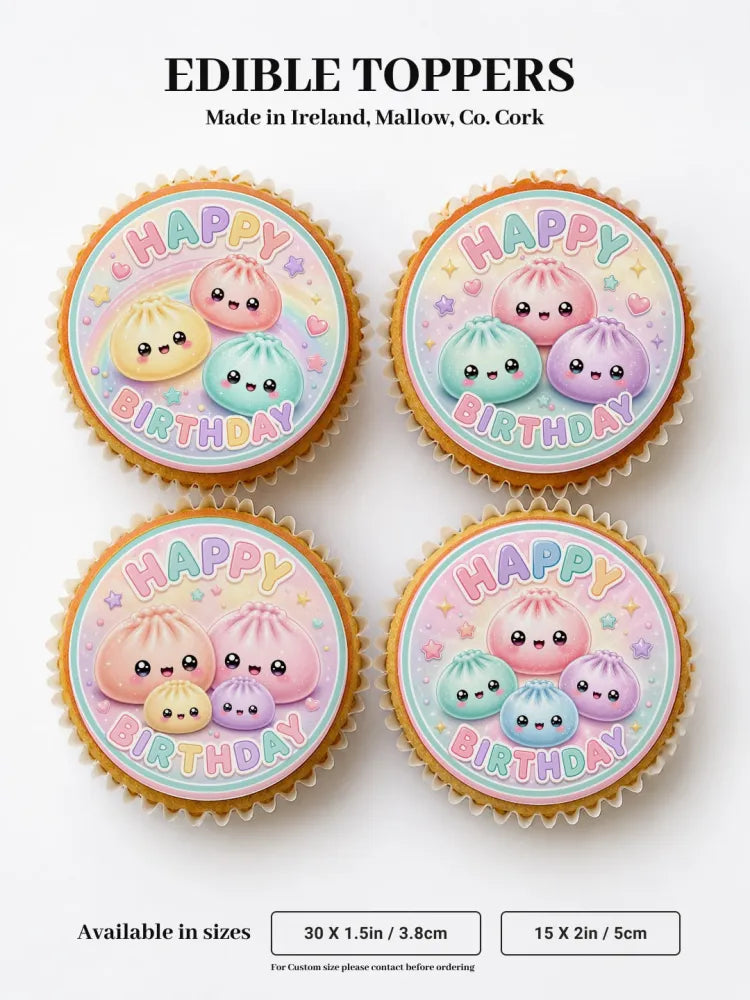 Pastel-colored kawaii dumpling edible cupcake toppers with happy birthday text for cute birthday cupcakes