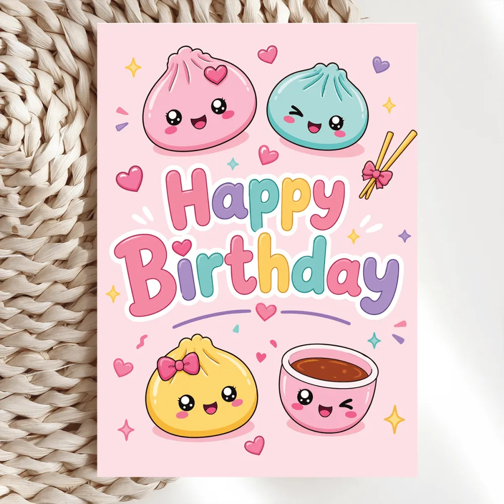 Kawaii Dumpling Squad Birthday Card | Cute Bao Bun - cute bao bun, kraft envelope, birthday cards, kawaii dumpling,