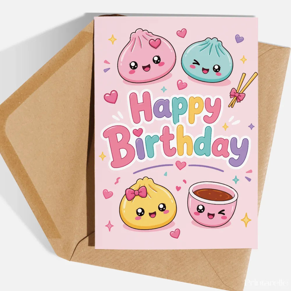 Kawaii Dumpling Squad Birthday Card | Cute Bao Bun - cute bao bun, kraft envelope, birthday cards, kawaii dumpling,