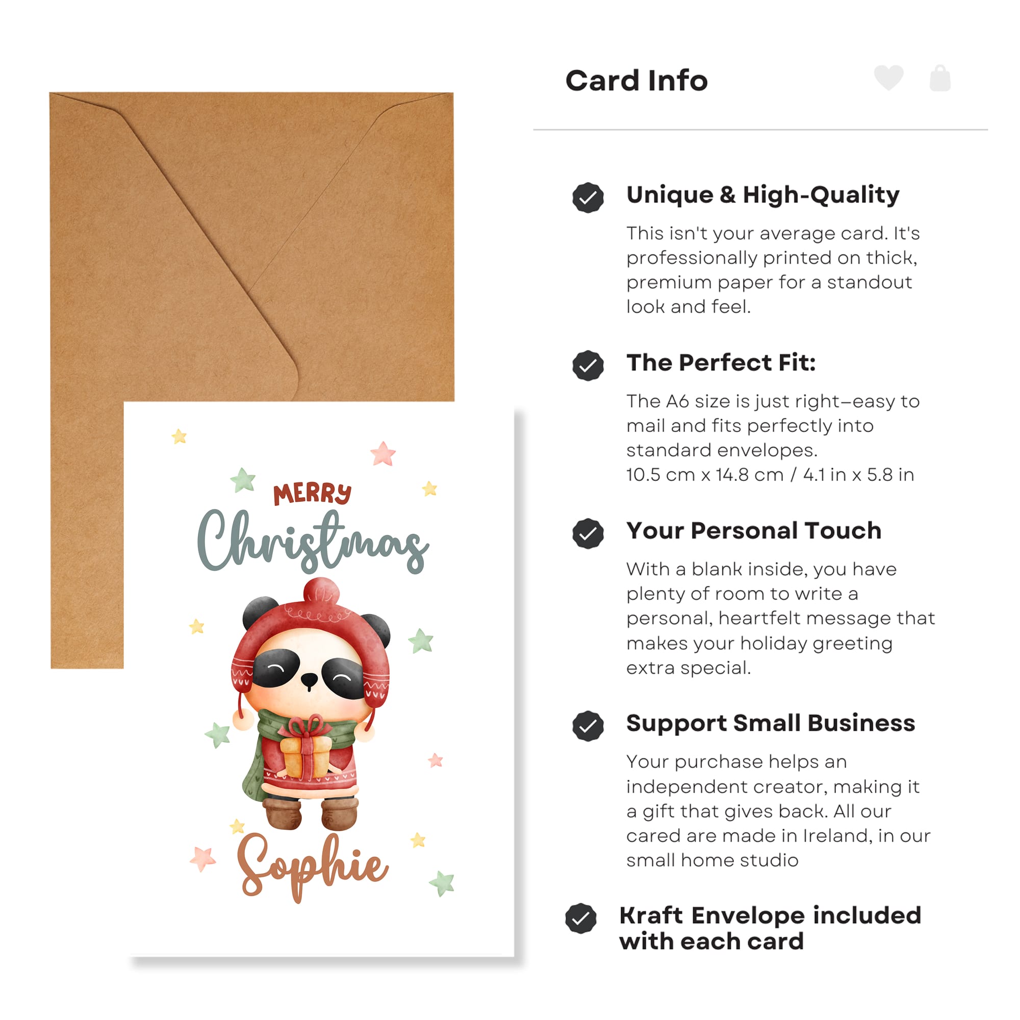 Christmas card with panda design and brown envelope, featuring text about card quality and features.
