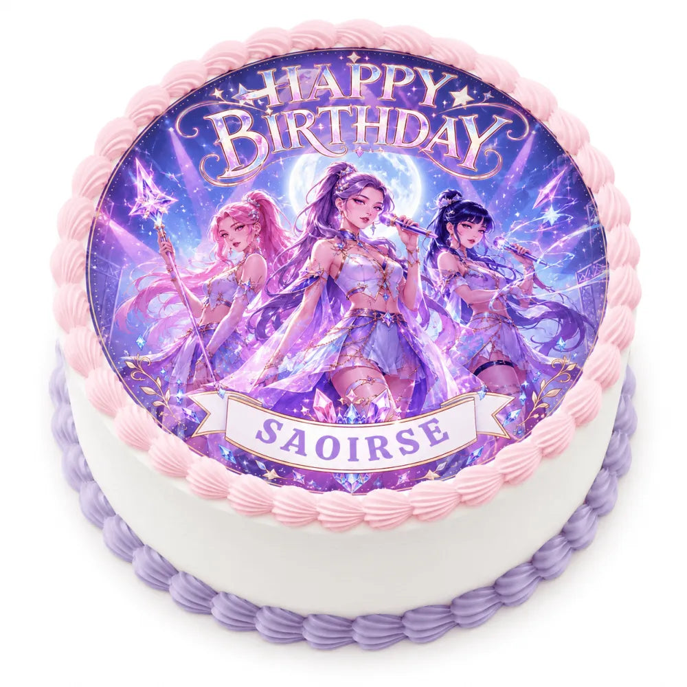 A round birthday cake with white frosting and a vibrant purple kpop girl group cake topper icing sheet design