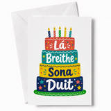 Colorful breithe sona duit birthday card with a four-tier cake and star decorations perfect for breithe sona wishes