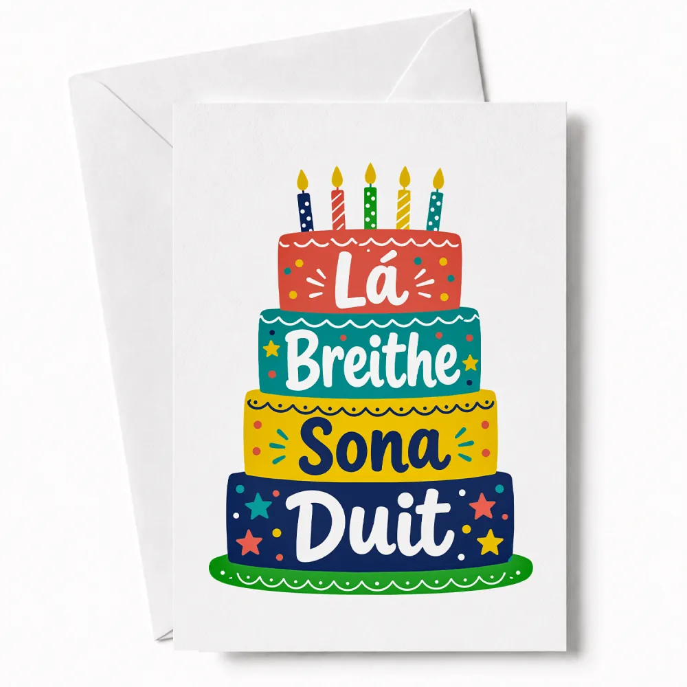 Colorful breithe sona duit birthday card with a four-tier cake and star decorations perfect for breithe sona wishes