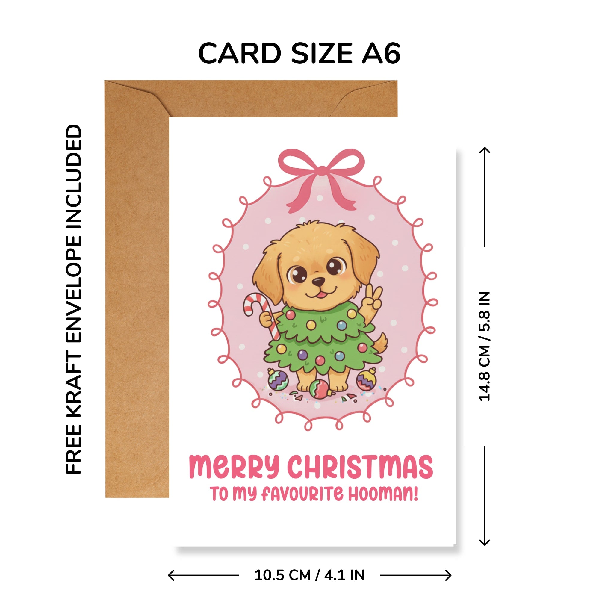 Christmas card with a dog illustration and free kraft envelope, showing dimensions and text.