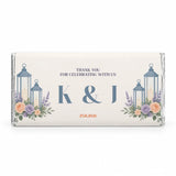 Personalised 40g chocolate bar with cream wrapper blue lanterns lavender peach roses and two initials k and j date 25 8 2026