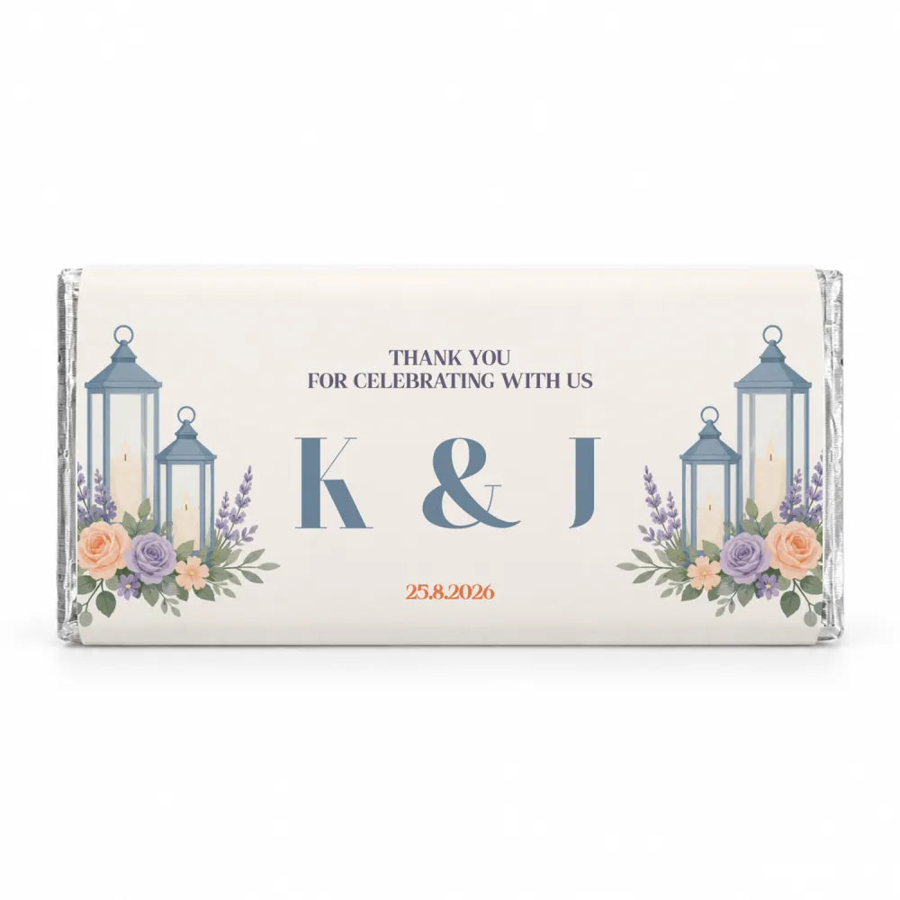 Personalised 40g chocolate bar with cream wrapper blue lanterns lavender peach roses and two initials k and j date 25 8 2026