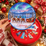 Red circular tin with merry christmas lid showing reindeer sleigh and snowy mountains branded melanies with tub sticker inside