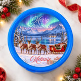 Blue plastic christmas tub sticker with lapland reindeer sleigh under northern lights and frozen lake, personalized melanie