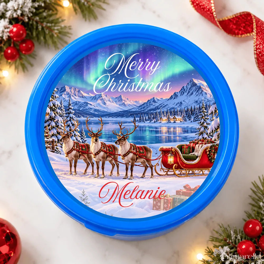 Blue plastic christmas tub sticker with lapland reindeer sleigh under northern lights and frozen lake, personalized melanie