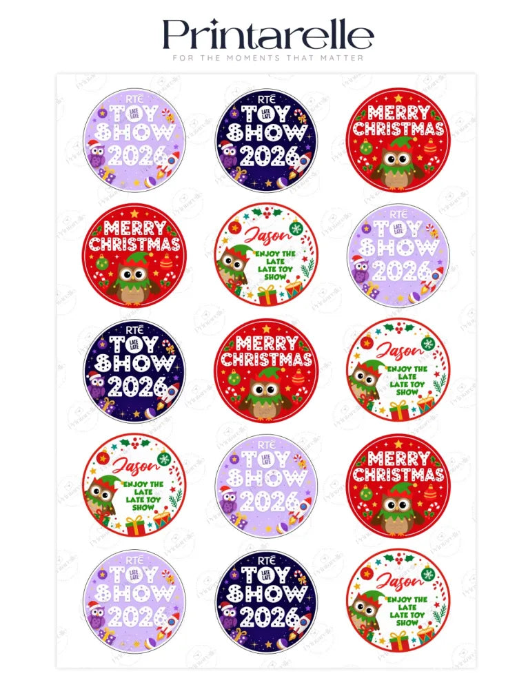 Circular late late toy festive cupcake toppers with colorful owl stickers and merry christmas text for 2026 show
