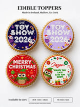 Circular edible cupcake toppers with festive late late toy owl candy cane designs in purple red and gold colors