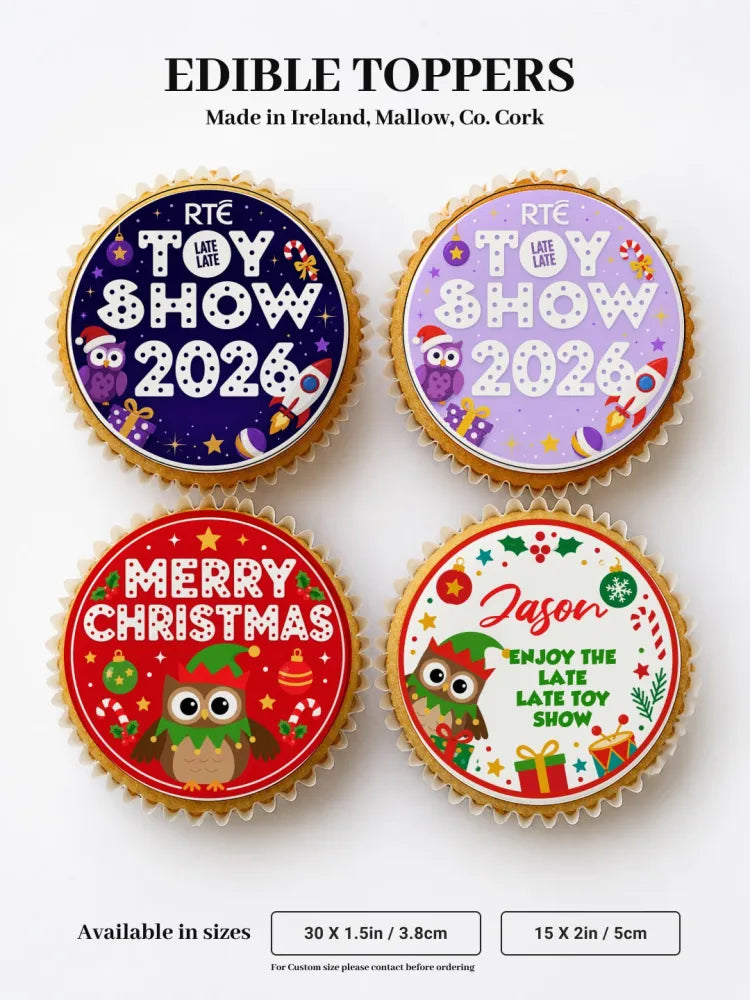 Circular edible cupcake toppers with festive late late toy owl candy cane designs in purple red and gold colors