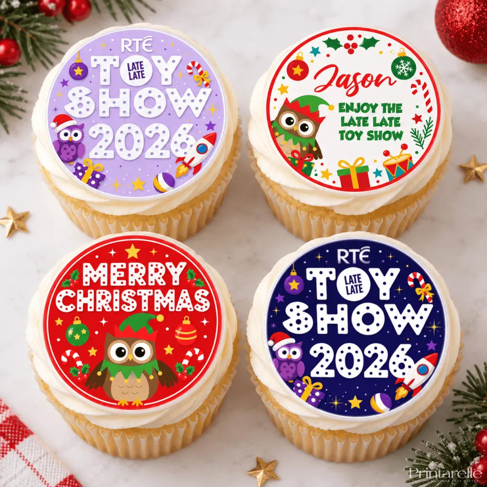 Four festive late late toy show 2026 cupcake toppers with personalized owl and christmas decorations designs