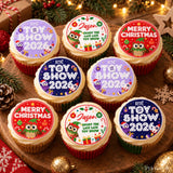 Festive late late toy show 2026 cupcake toppers with cartoon owls candy canes and colorful christmas designs personalized name